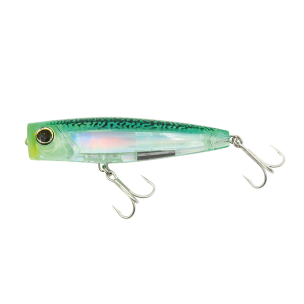 Green patterned topwater fishing lure with two treble hooks