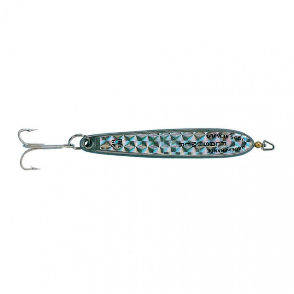 Iridescent metal fishing spoon lure with treble hook