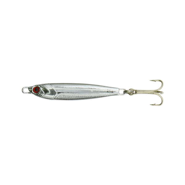 Silver fish-shaped fishing lure with treble hook