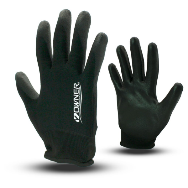 Pair of black protective work gloves on white background