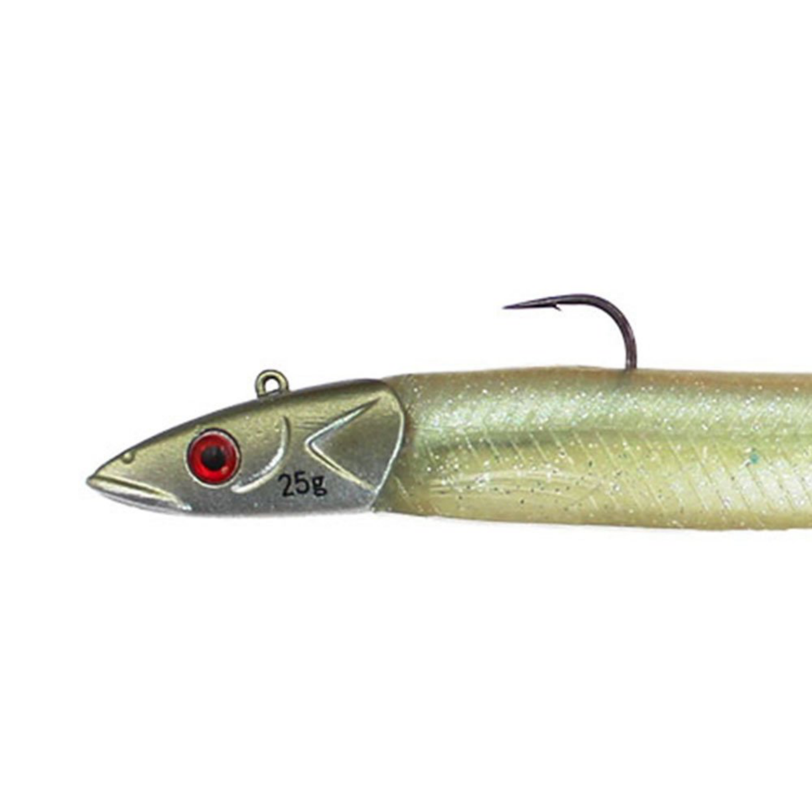 Close-up of 25g fish-shaped fishing lure with hook