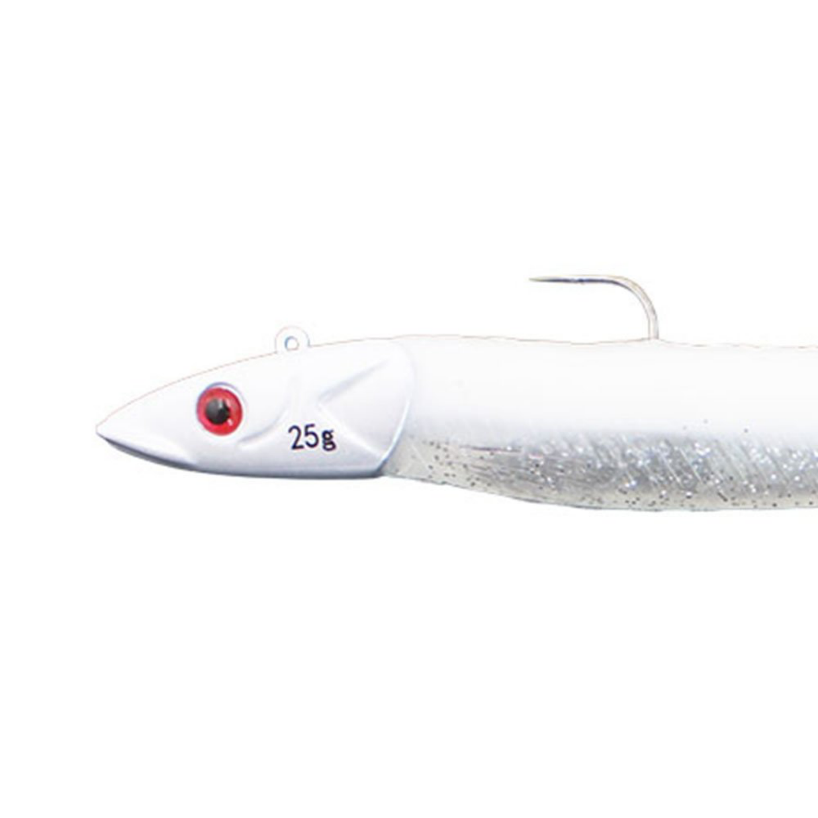 White 25g fish-shaped fishing lure with hook