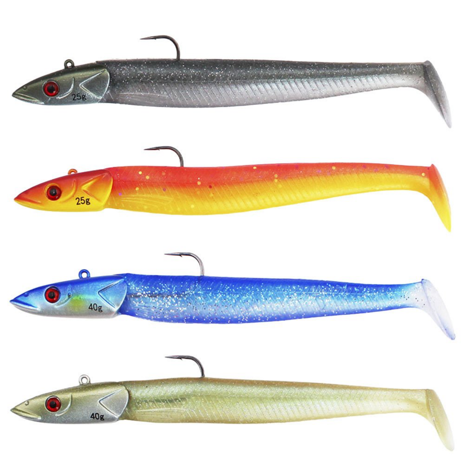 Four weighted soft-plastic fish lures with hooks