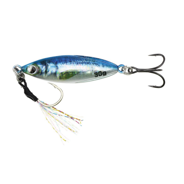 Blue 30g metal fishing jig with assist hooks