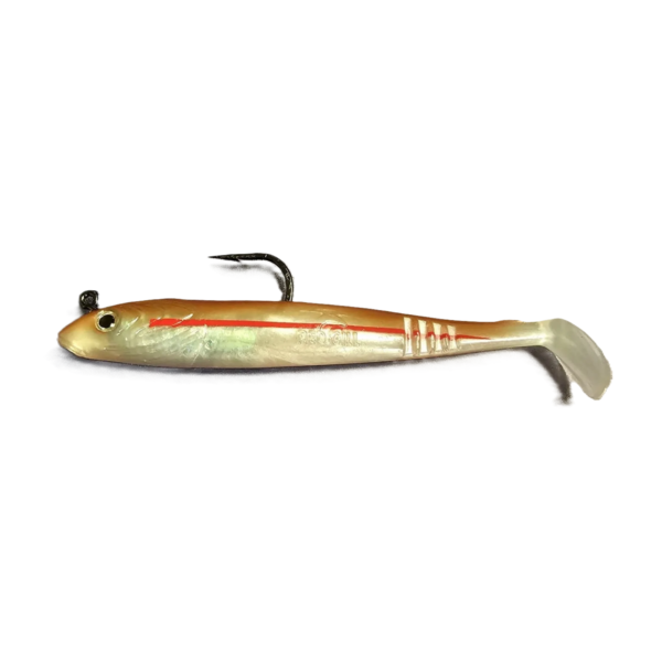 Soft plastic fish lure with hook and red stripe