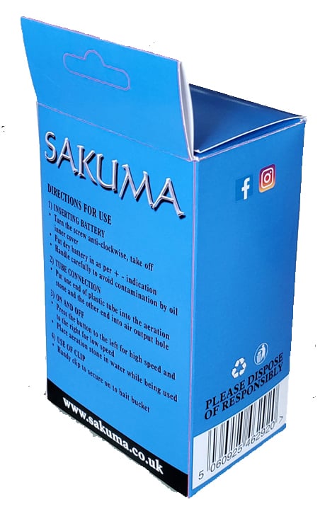 Open blue Sakuma product carton with instructions and barcode